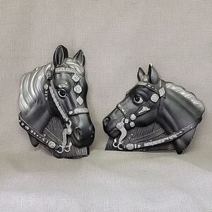 Pair Black Stallion Horse Wall Plaques Chalkware Plaster Miller Studios 1964